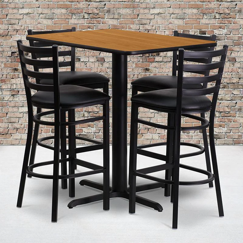 24''W X 42''L Rectangular Natural Laminate Table Set With 4 Ladder Back Metal Barstools - Black Vinyl Seat By Flash Furniture | Bar Stools & Table | Modishstore - 1