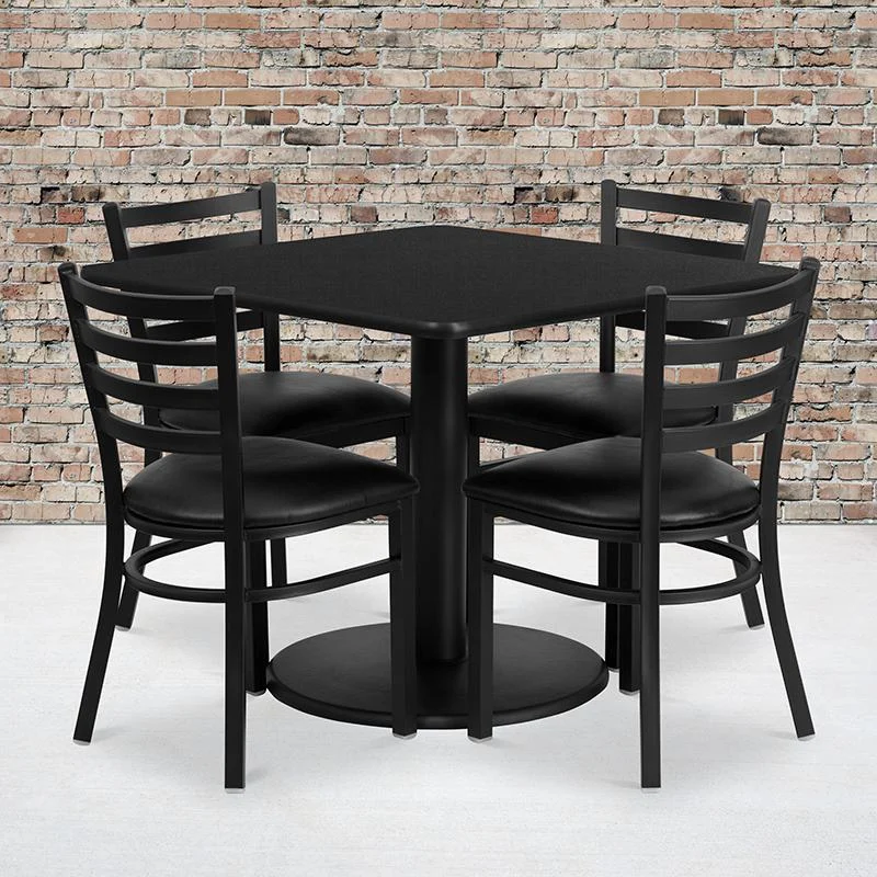 36'' Square Black Laminate Table Set With Round Base And 4 Ladder Back Metal Chairs - Black Vinyl Seat By Flash Furniture | Dining Sets | Modishstore - 1