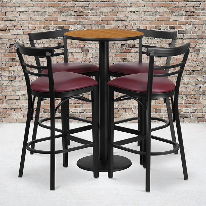 24'' Round Natural Laminate Table Set With Round Base And 4 Two-Slat Ladder Back Metal Barstools - Burgundy Vinyl Seat By Flash Furniture | Bar Stools & Table | Modishstore - 1