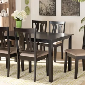 Baxton Studio Fenton Modern and Contemporary Sand Fabric Upholstered and Dark Brown Finished Wood 7-Piece Dining Set | Modishstore | Dining Sets