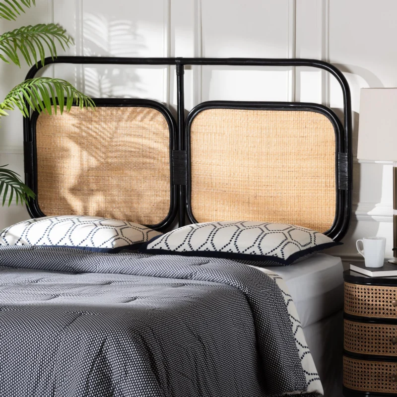 Baxton Studio bali & pari Ramsey Modern Bohemian Two-Tone Black and Natural Brown Rattan Queen Size Standalone Headboard | Headboards | Modishstore