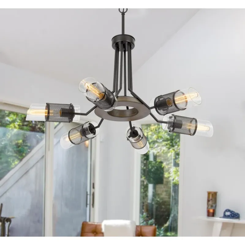 60W X 6 Savona Pine Wood/Metal Chandelier With Double Layer Glass/Metal Mesh Shade. (Edison Bulbs Not Included), Wood/Black By Cal Lighting | Chandeliers | Moidshstore