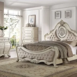 Beige Linen Antique White Wood Upholstery Eastern King Bed By Homeroots | Beds | Modishstore