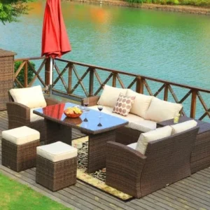 Brown Piece Steel Outdoor Sectional Sofa Set with Ottomans and Storage Bo By Homeroots | Outdoor Sofas, Loveseats & Sectionals | Modishstore