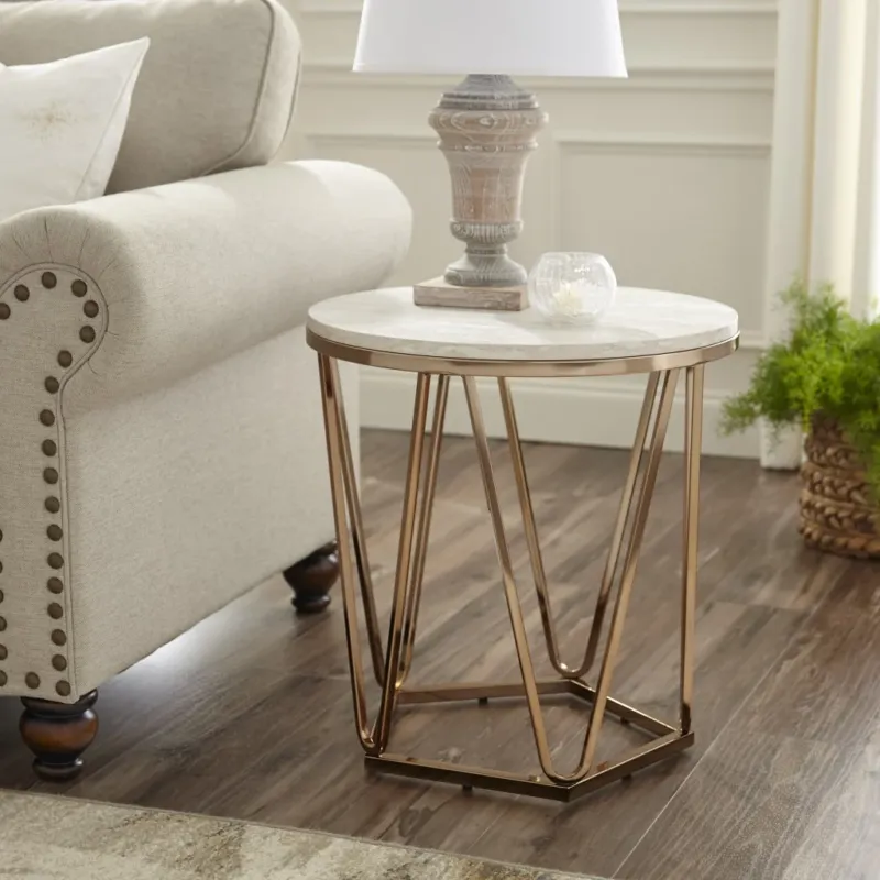 23" Champagne Manufactured Wood And Iron Round End Table By Homeroots | End Tables | Modishstore