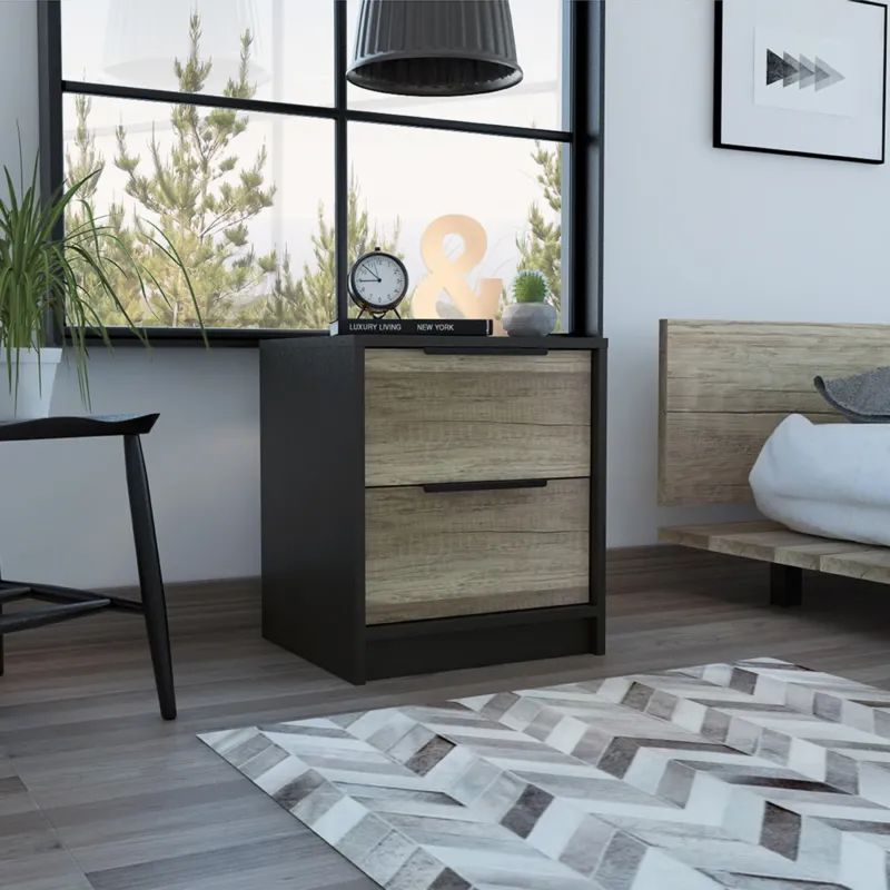 Black Open Compartment Two Drawer Nightstand By Homeroots | Nightstands | Modishstore