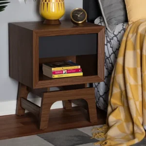 Baxton Studio Svante Mid-Century Modern Walnut Brown and Dark Gray Finished Wood 1-Drawer Nightstand | Modishstore | Nightstands