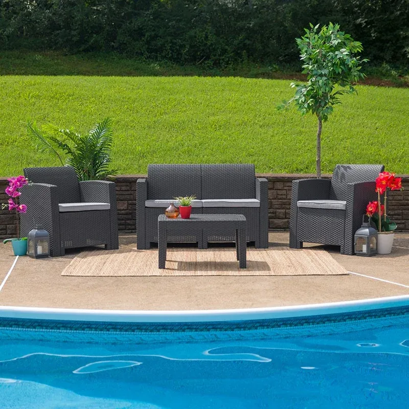 Dark Gray Faux Rattan Loveseat with All-Weather Light Gray Cushions by Flash Furniture | Outdoor Sofas, Loveseats & Sectionals | Modishstore - 1