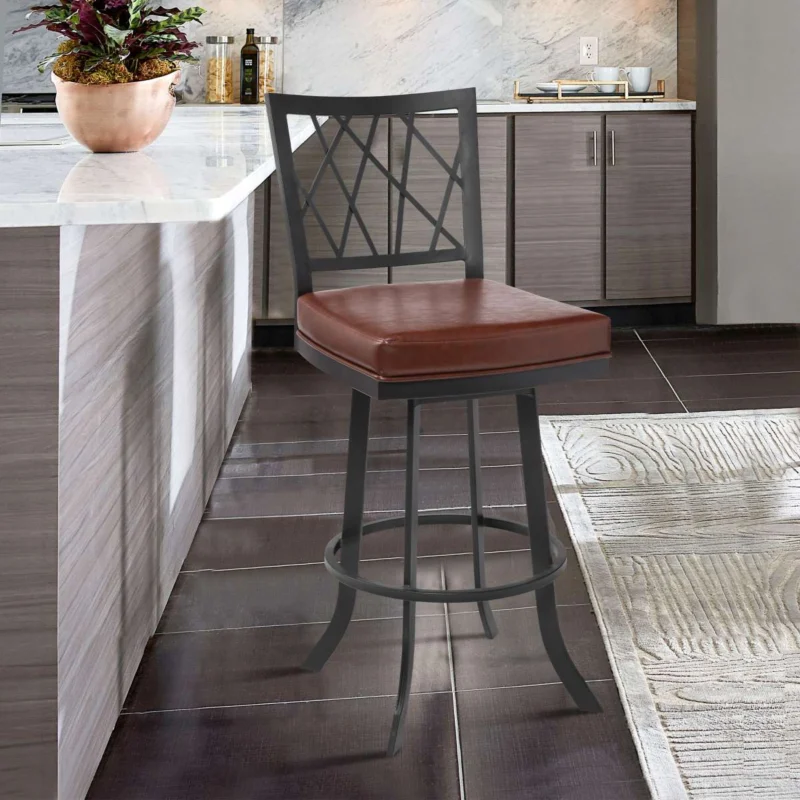 Giselle Contemporary 30" Bar Height Barstool in Matte Black Finish and Vintage Coffee Faux Leather By Armen Living | Bar Stools | Modishstore