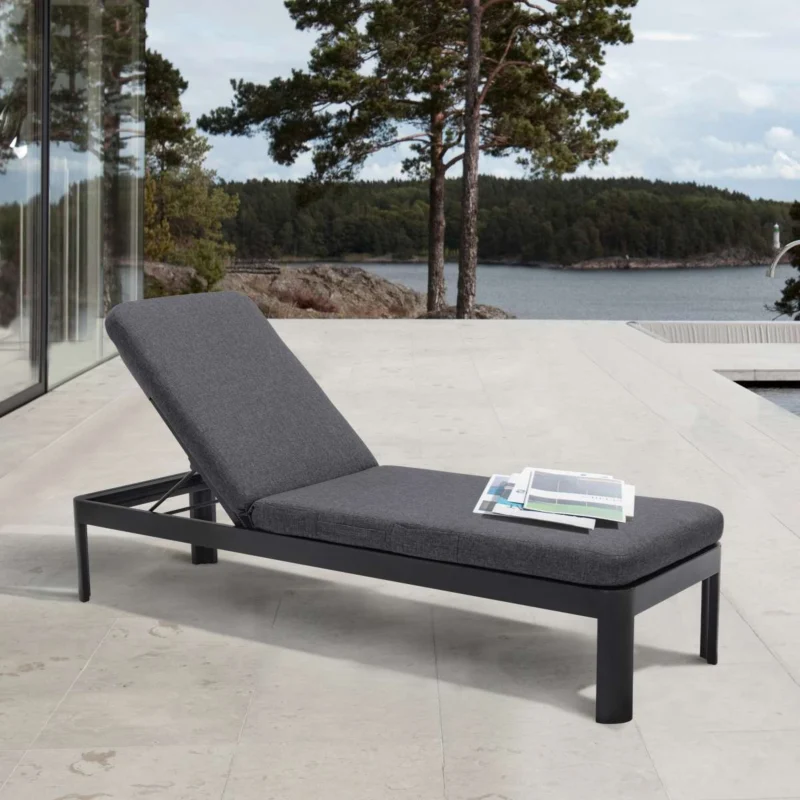 Portals Outdoor Chaise Lounge Chair in Black Finish and Grey Cushions By Armen Living | Outdoor Chairs | Modishstore