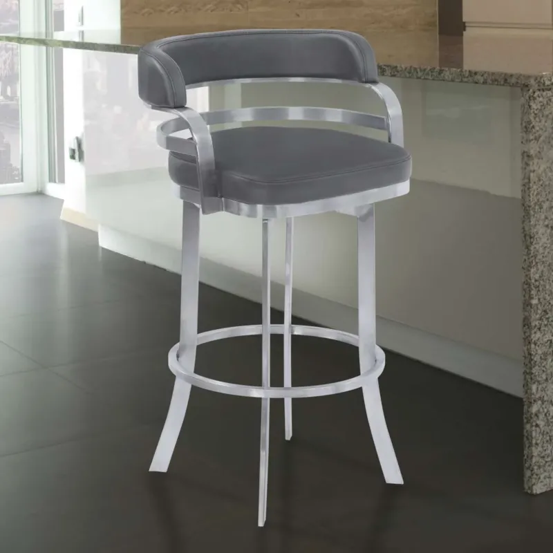 Prinz 30" Bar Height Swivel Grey Faux Leather and Brushed Stainless Steel Bar Stool By Armen Living | Bar Stools | Modishstore