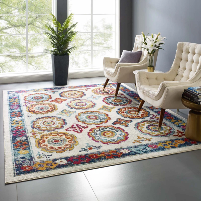 Modway Entourage Odile Transitional Distressed Vintage Floral Moroccan Trellis 8x10 Area Rug Ivory, Blue, Red, Orange, Yellow - R-1168-810 | Rugs | Modishstore - 1