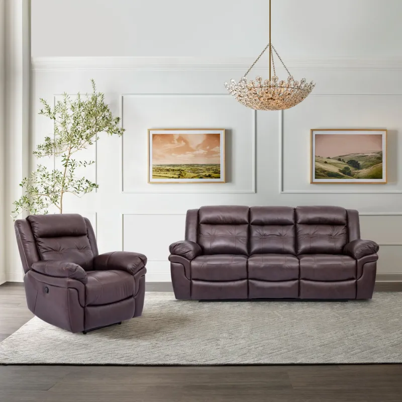 Marcel Manual Reclining 2 Piece Sofa and Recliner Set in Dark Brown Leather By Armen Living | Sofa Set | Modishstore