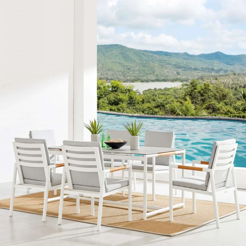 Crown 7 Piece White Aluminum and Teak Outdoor Dining Set with Light Gray Fabric By Armen Living | Outdoor Dining Sets | Modishstore