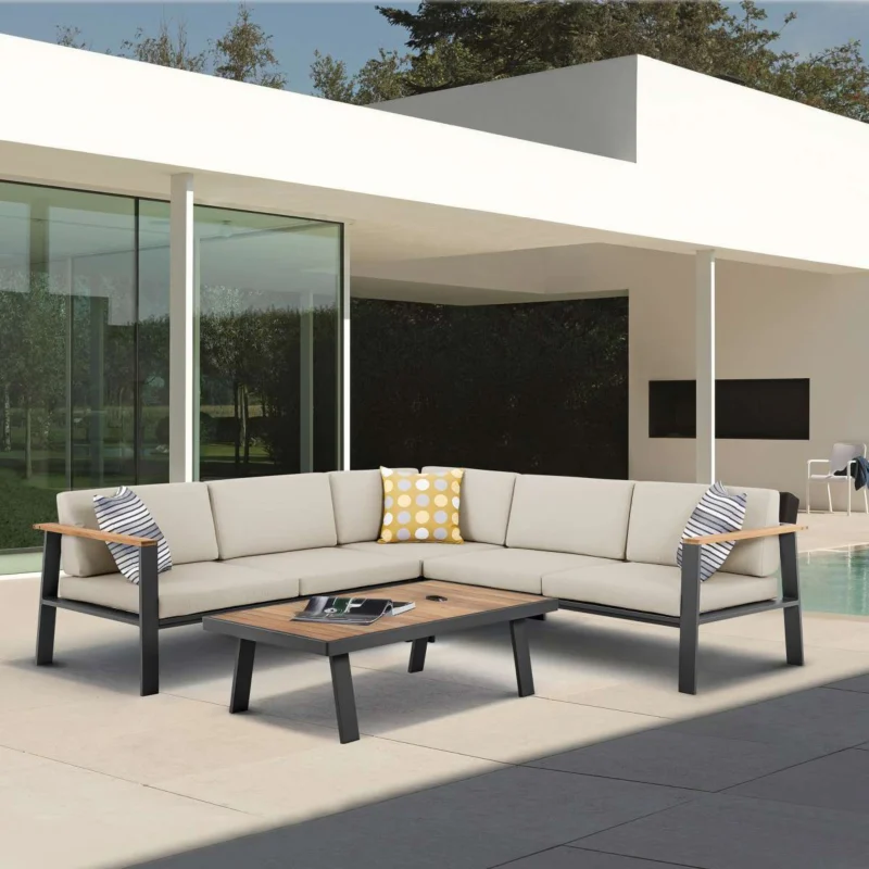 Nofi Outdoor Patio Sectional Set in Charcoal Finish with Taupe Cushions and Teak Wood By Armen Living | Outdoor Sofas, Loveseats & Sectionals | Modishstore