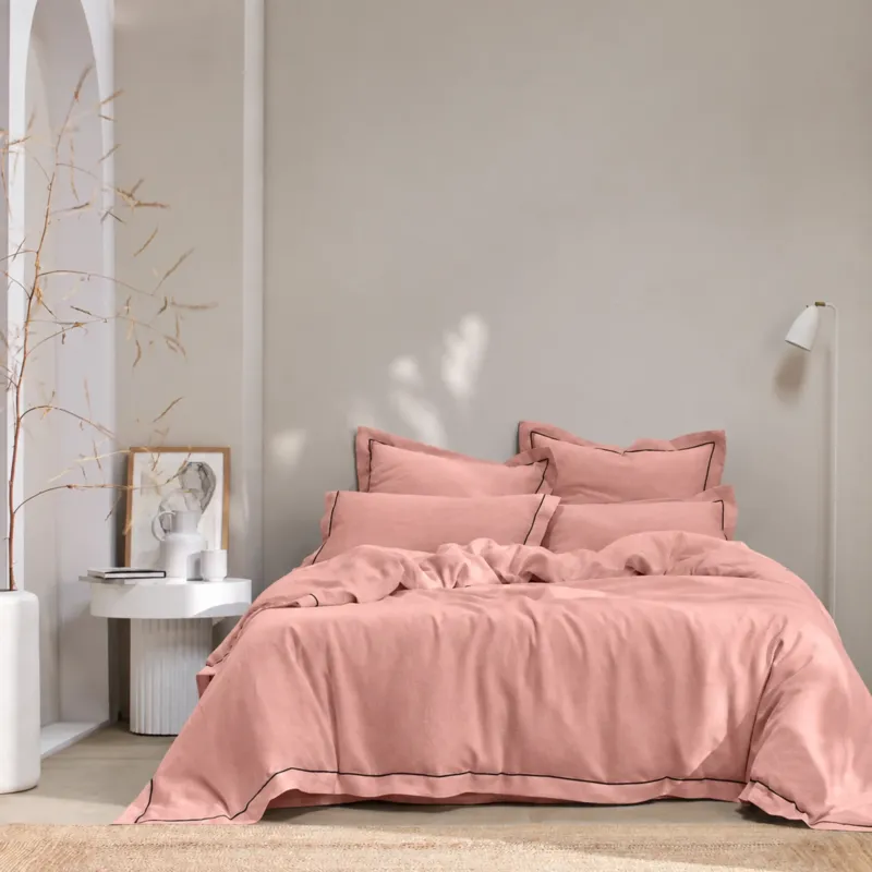 Housse de couette en lin à bords plats bourdon Rose